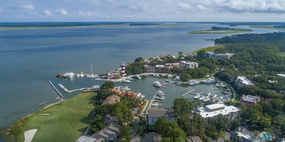 Aerial photogrpah view of the HArbour Town Marina on Hilton Head Island