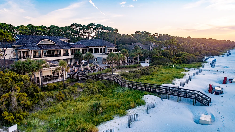 A low level aerial photograph of a beach club on Hilton Head Island in early morning light