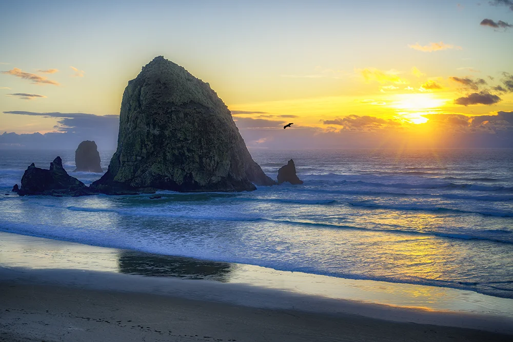 Pacific Ocean sunset at Haystack Rock in Cannon Beach, Oregon