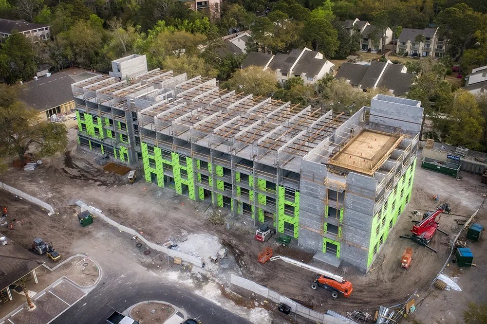 Construction progress photograph of a new hotel
