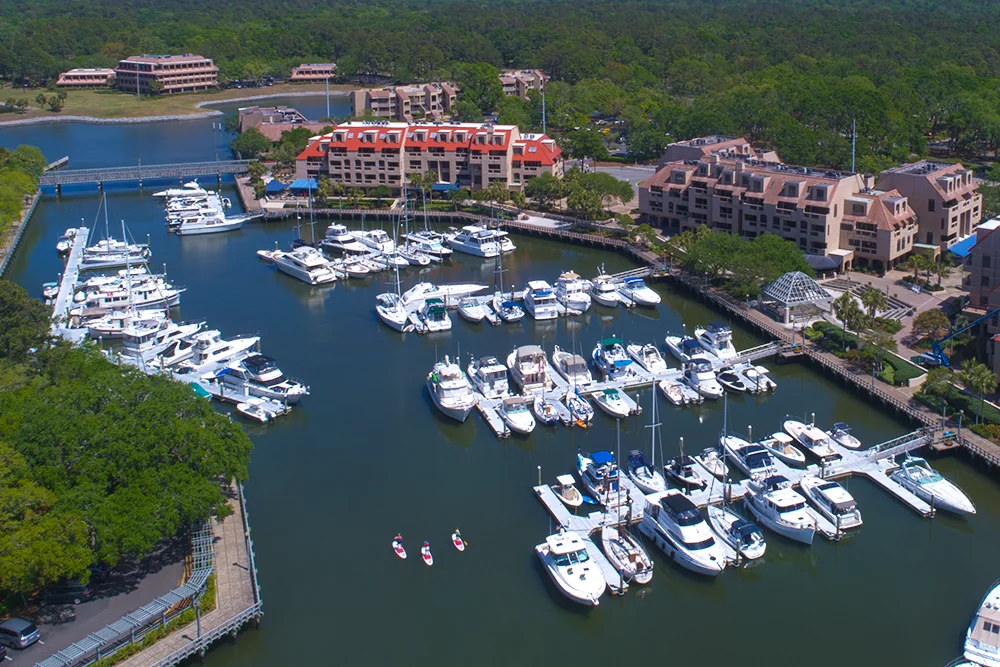 Overhead view of a busy private boat marina on Hilton Head Island